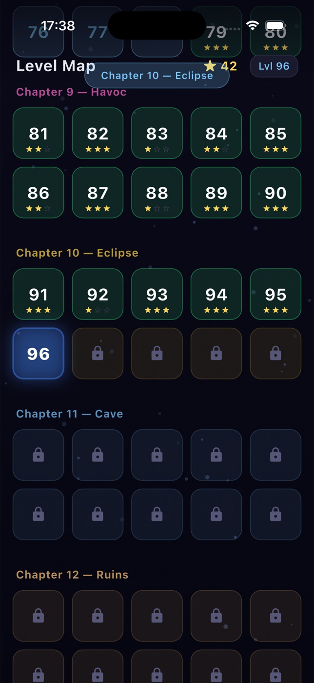 BlindWave level map with chapters and starred levels