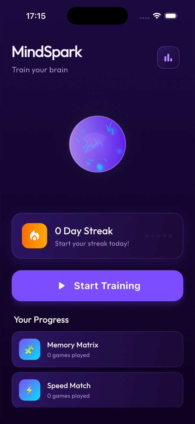 MindSpark home screen with training streak and progress