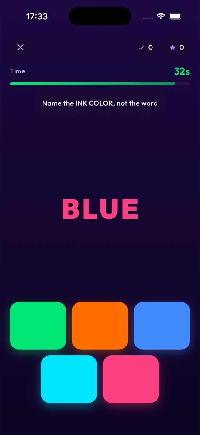MindSpark Stroop Test game in progress