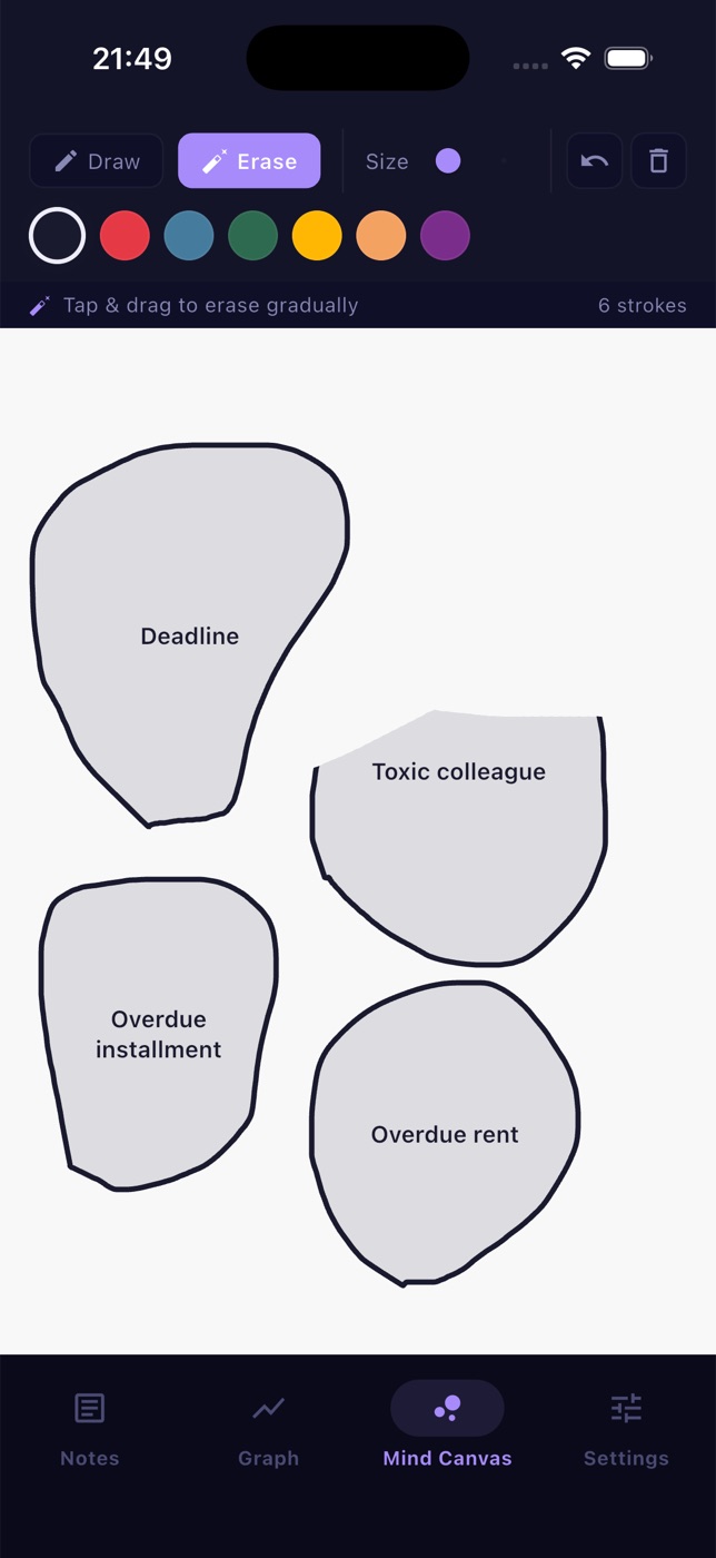 VibeLog Mind Canvas with hand-drawn worry shapes