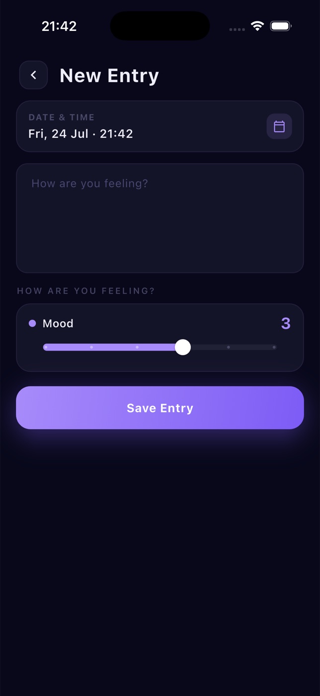 VibeLog new entry screen with mood slider