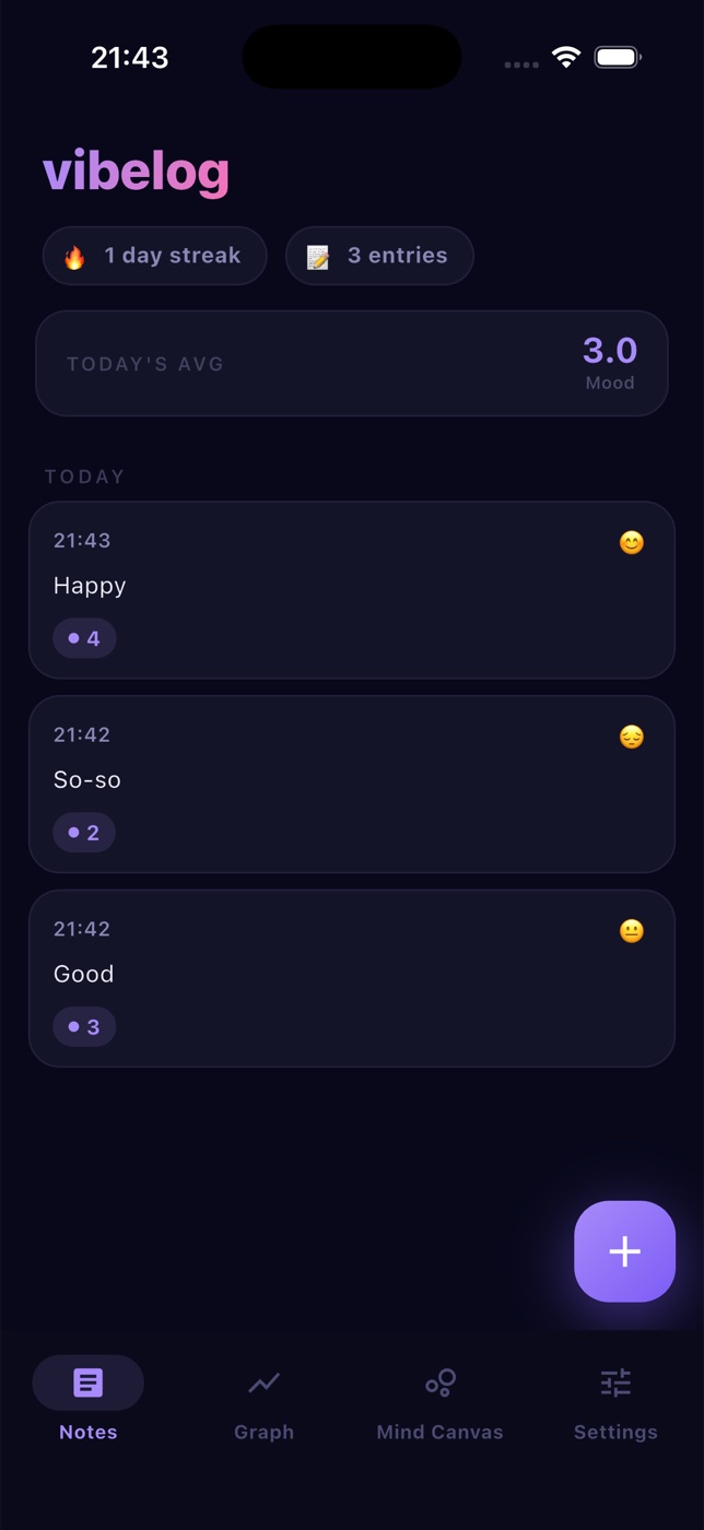 VibeLog home screen with daily mood entries and streak